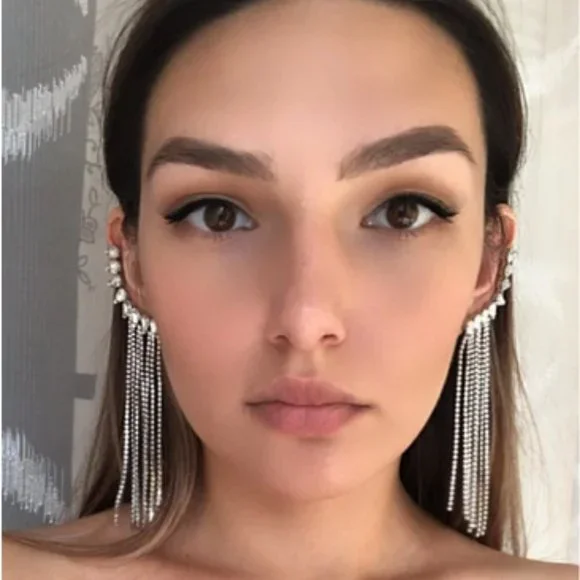 Long Tassel Rhinestone Drop Earrings - Picture 4 of 15